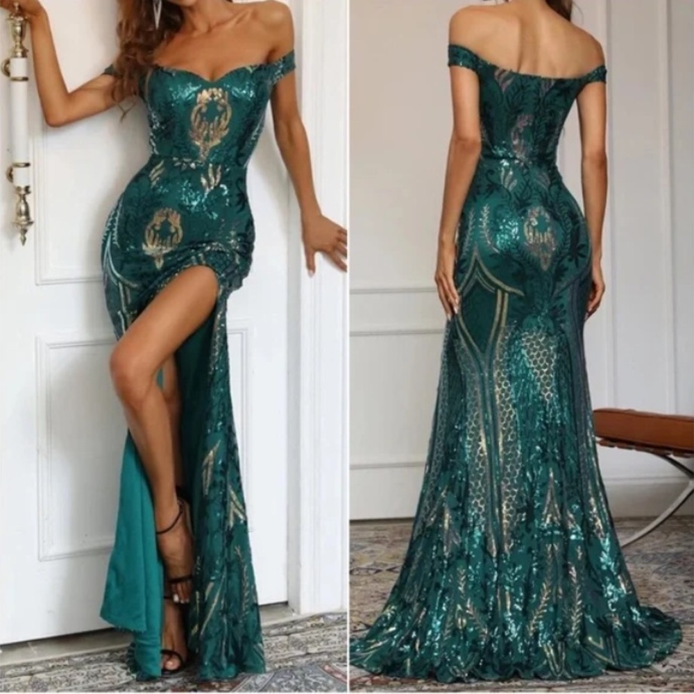 Luxurious Off Shoulder Mermaid Hem Holidays Wedding Evening Formal Sequins Dress - Picture 3 of 8